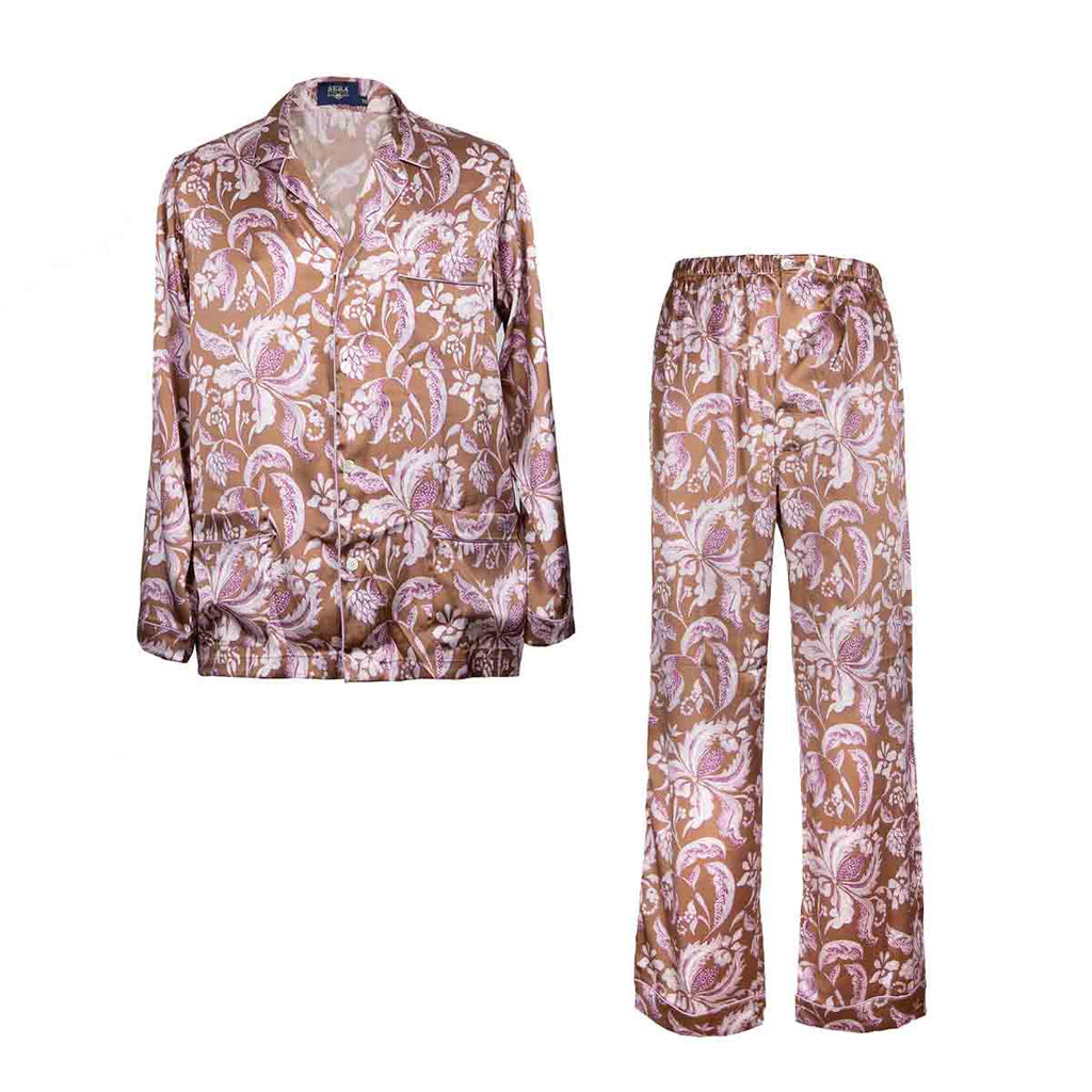 brown and pink floral silk satin pajama - serà fine silk