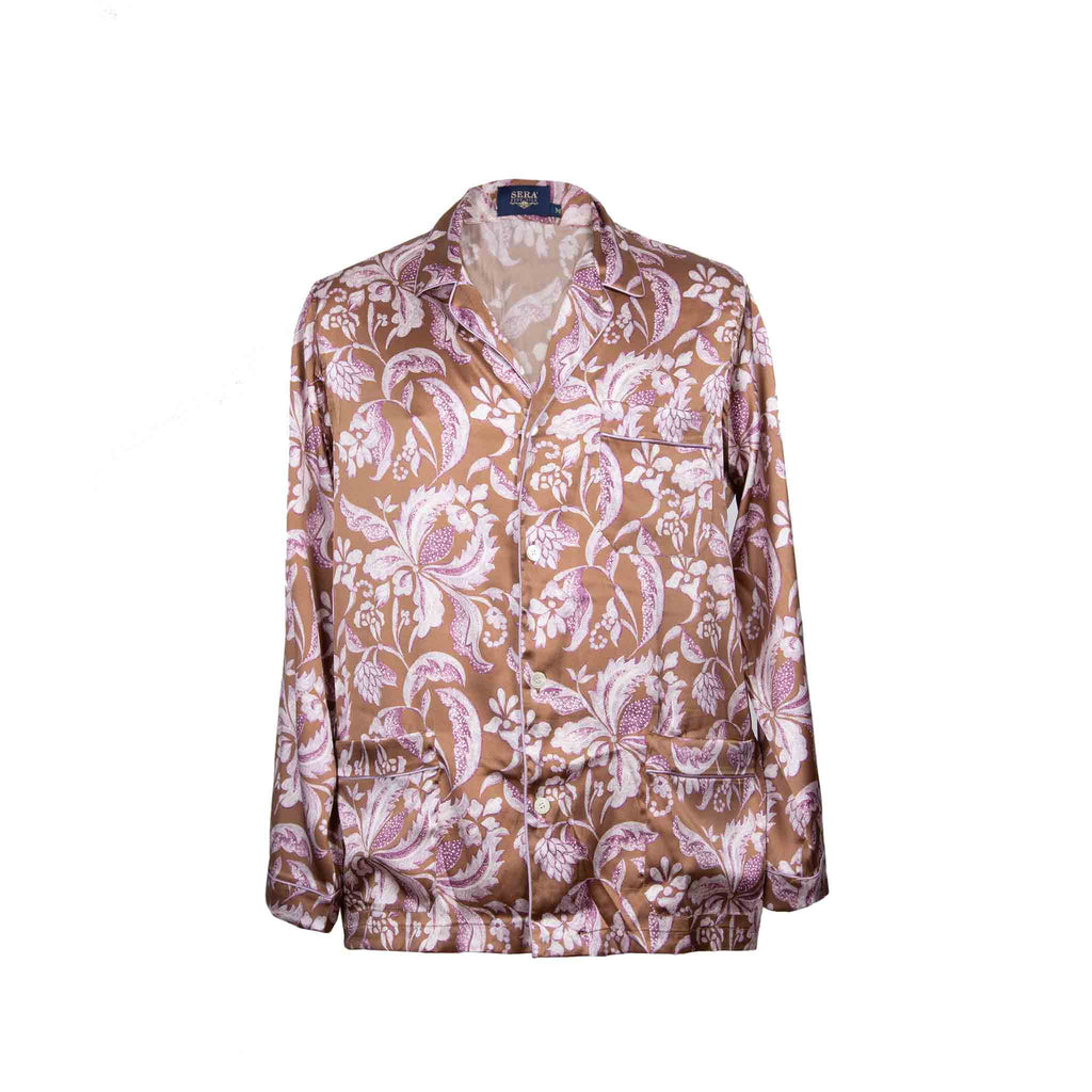 brown and pink floral silk satin pajama top - serà fine silk