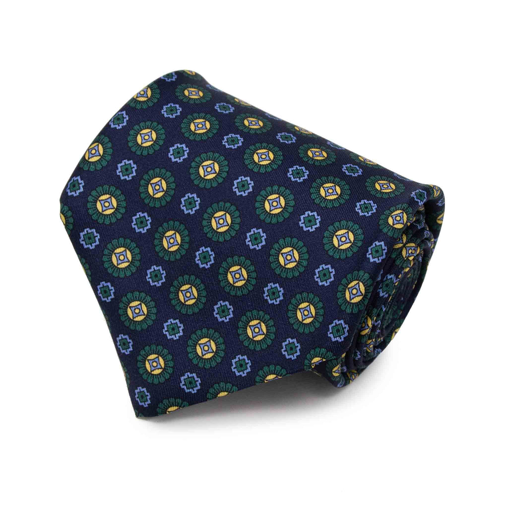 blue and green medallions silk tie
