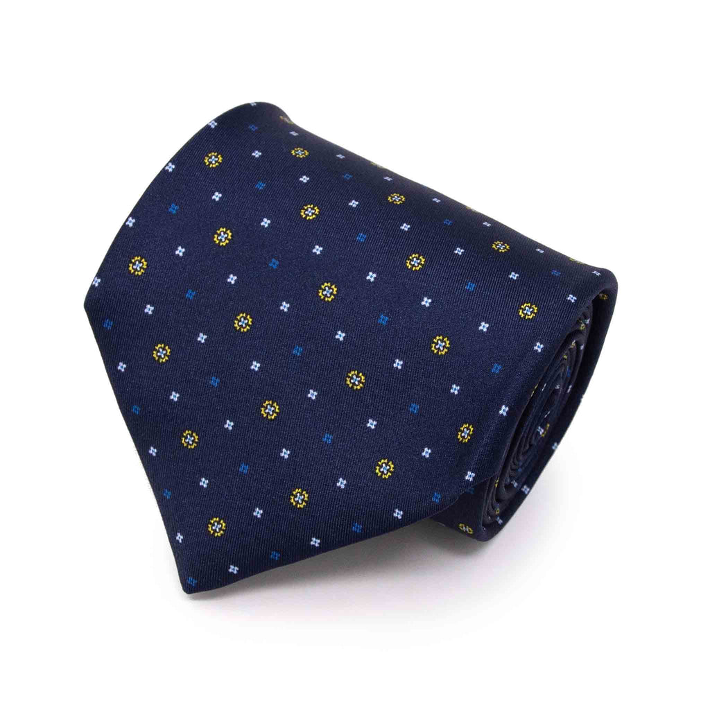 navy blue with small yellow flowers patterned silk tie - serà fine silk
