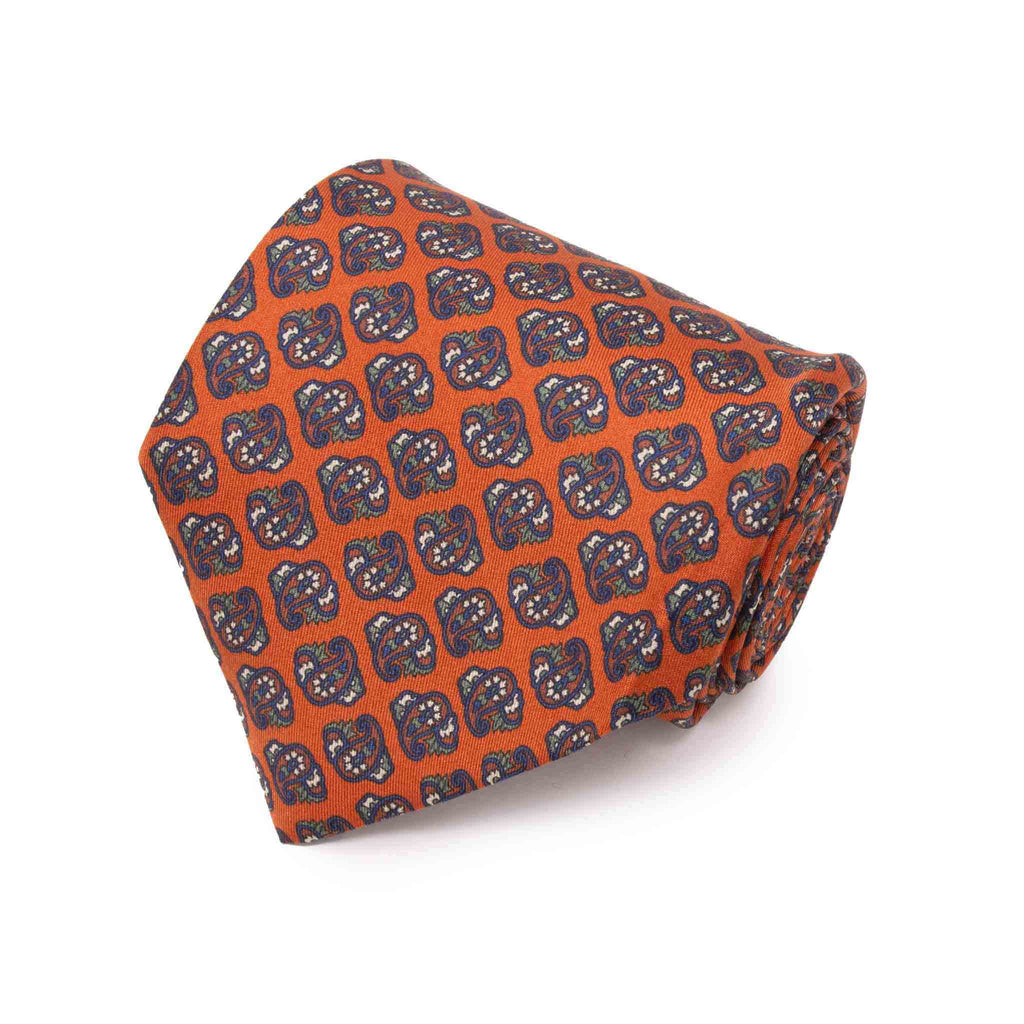 Orange & Navy Paisley Pattern Silk Tie Serà Fine Silk