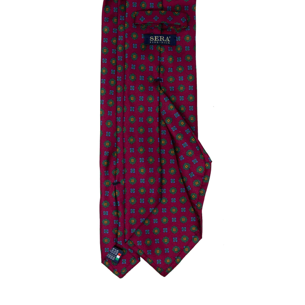 Burgundy with Green Flowers Patterned Silk Tie