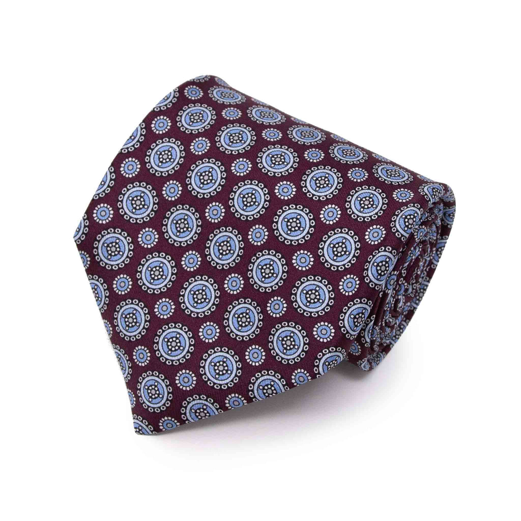 Burgundy with light blue round pattern silk tie