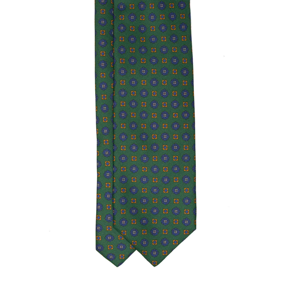 green with blue flowers patterned silk tie