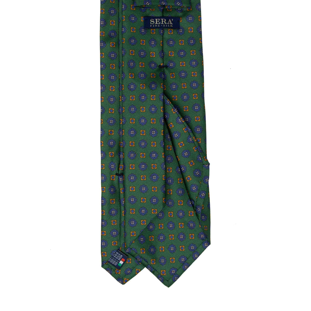 green with blue flowers patterned silk tie