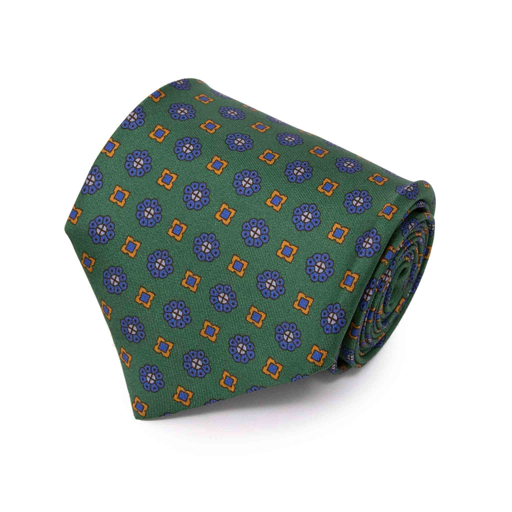 green with blue flowers patterned silk tie