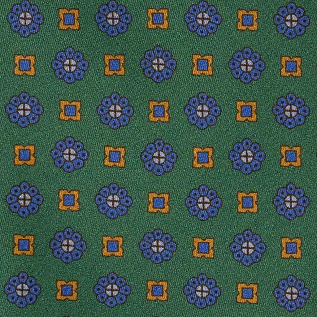 green with blue flowers patterned silk tie