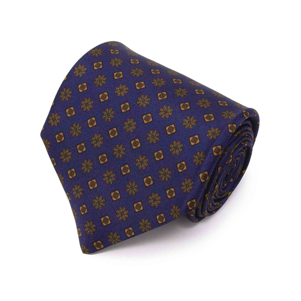 navy blue with square flowers patterned silk tie - serà fine silk