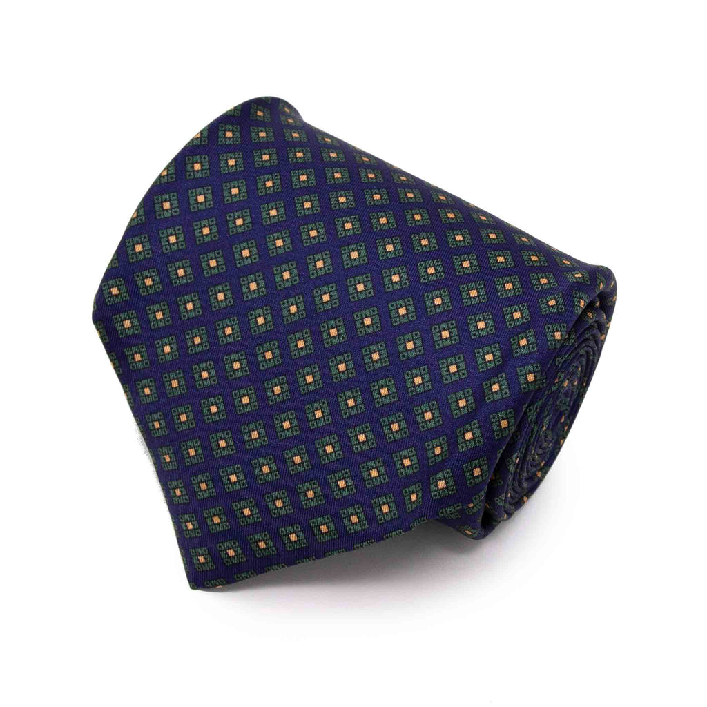 navy blue squares patterned silk tie - serà fine silk