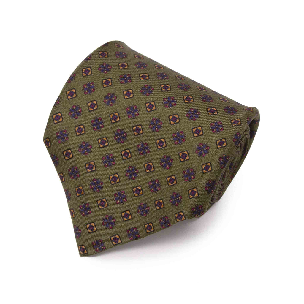 olive green with square flowers patterned silk tie - serà fine silk