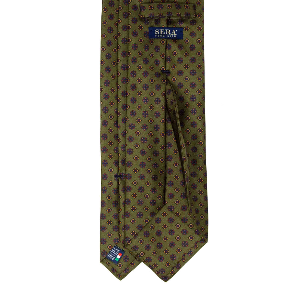 olive green with square flowers patterned silk tie - serà fine silk