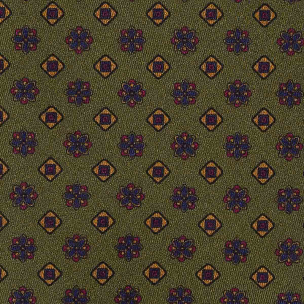 olive green with square flowers patterned silk tie - serà fine silk