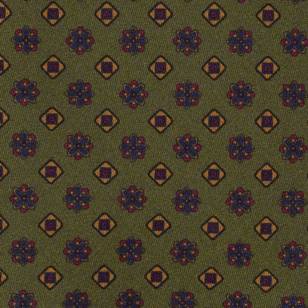 olive green with square flowers patterned silk tie - serà fine silk