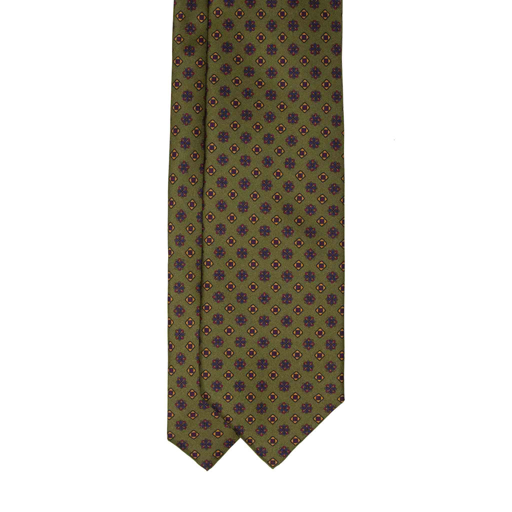 olive green with square flowers patterned silk tie - serà fine silk
