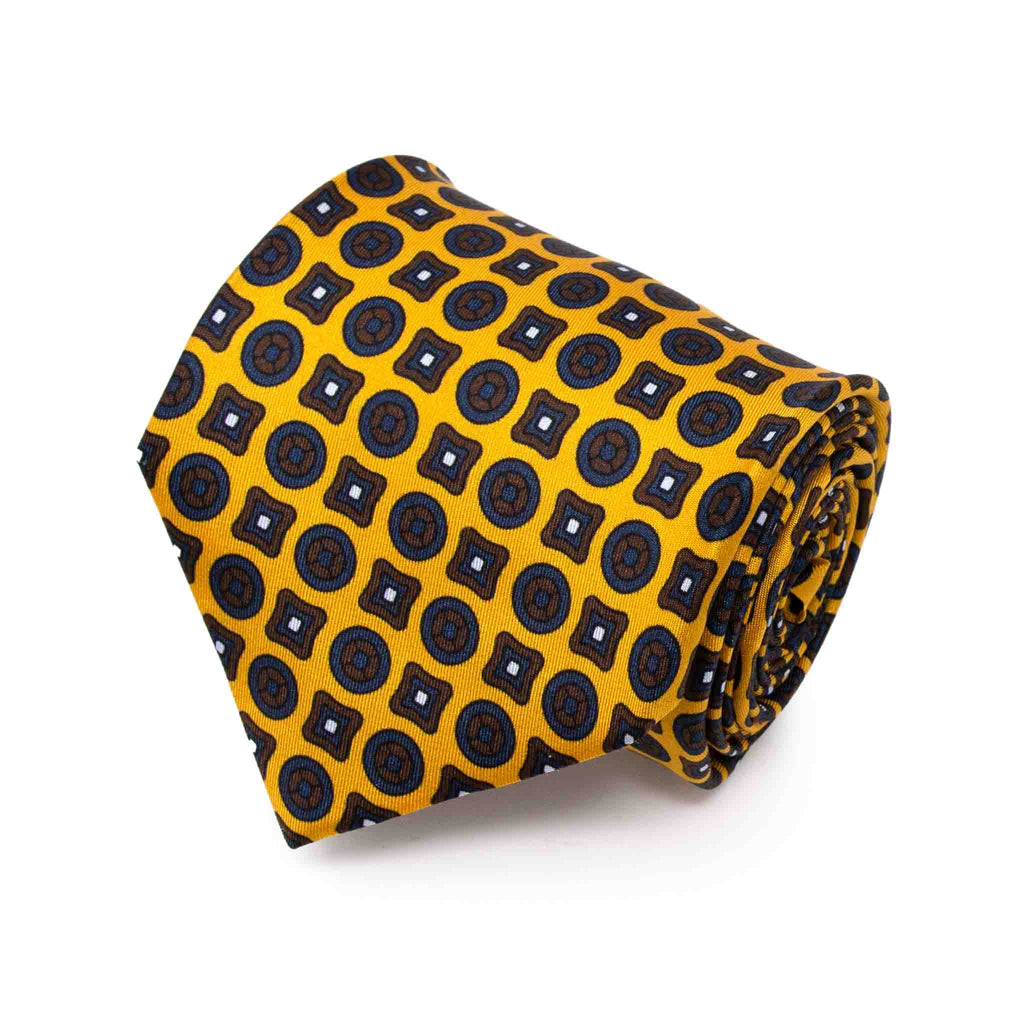 yellow with brown blue pattern silk tie