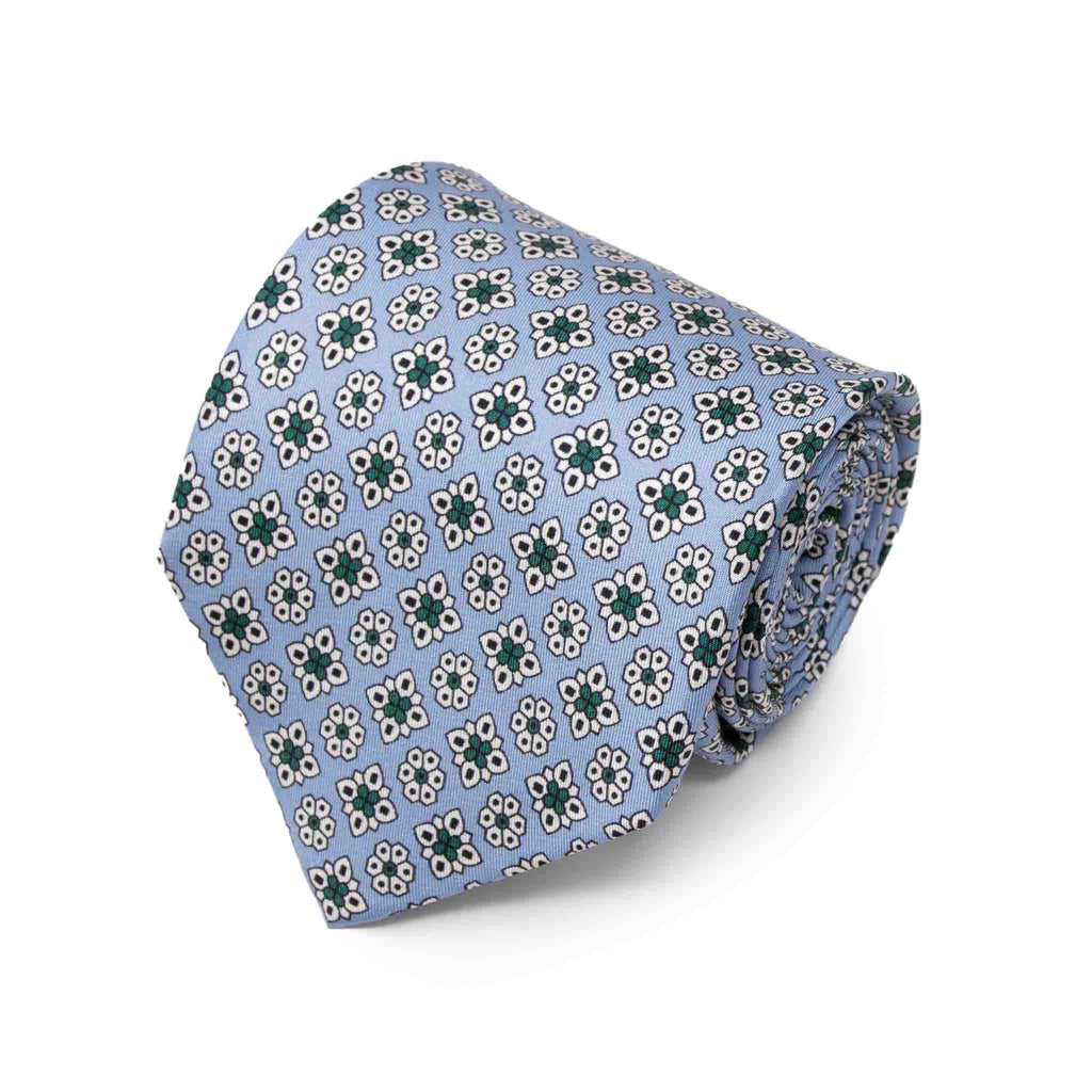 light blue with green flowers patterned silk tie - serà fine silk