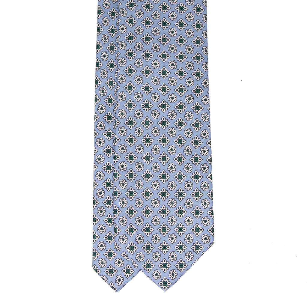 light blue with green flowers patterned silk tie - serà fine silk