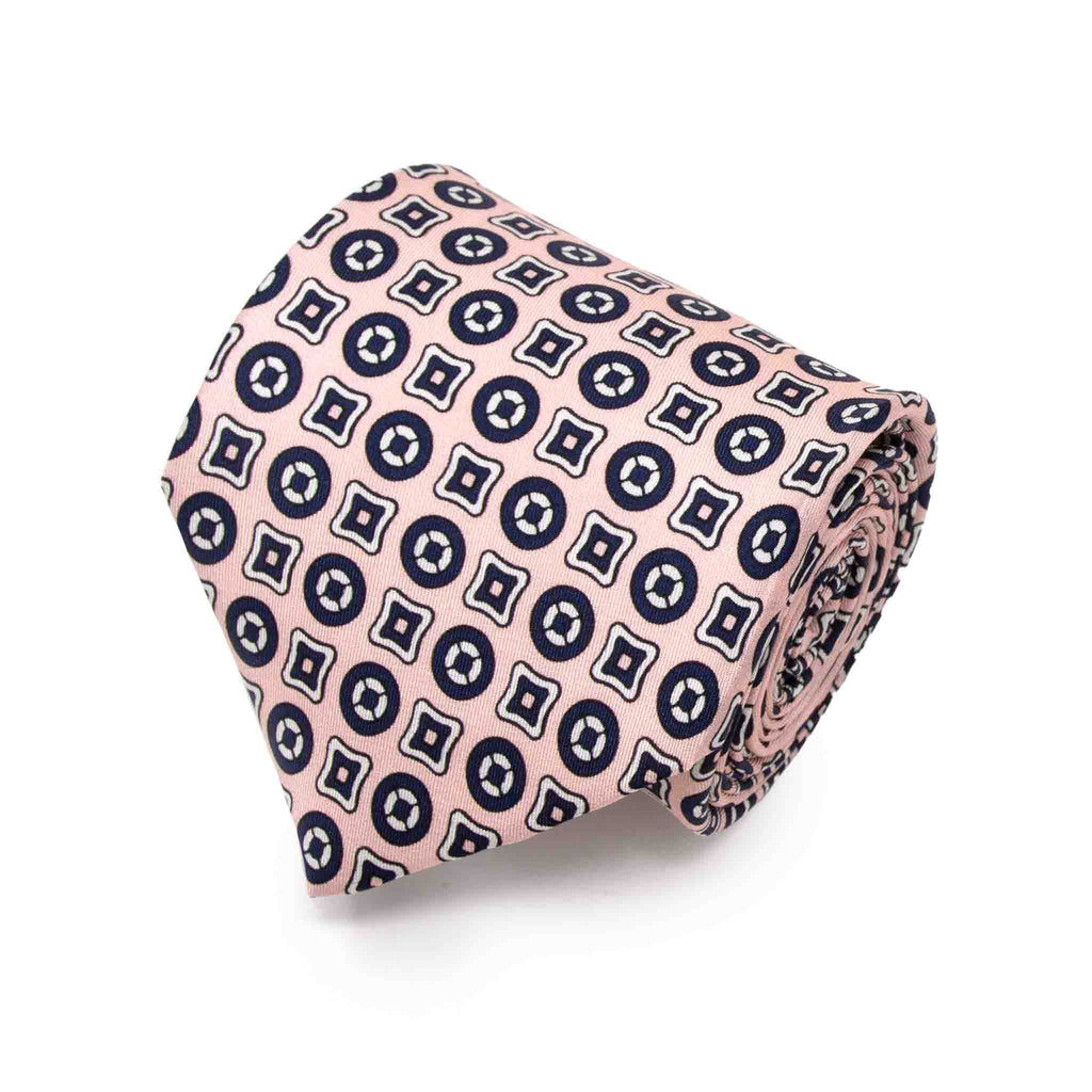 pink with navy patterned silk tie - serà fine silk