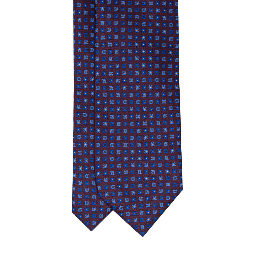 Burgundy with Blue & Grey Square Dots Pattern Silk Tie Serà Fine Silk
