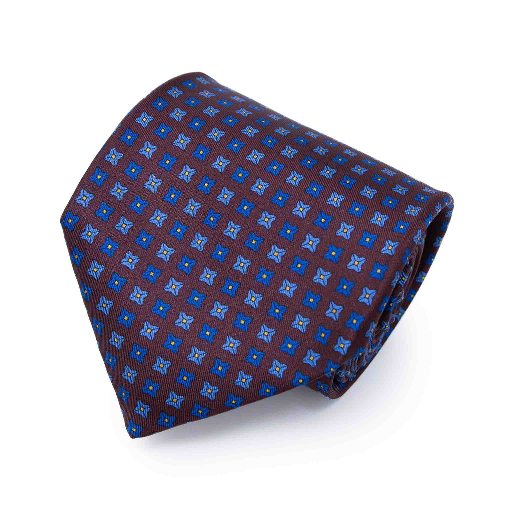 Burgundy with Blue & Grey Square Dots Pattern Silk Tie Serà Fine Silk