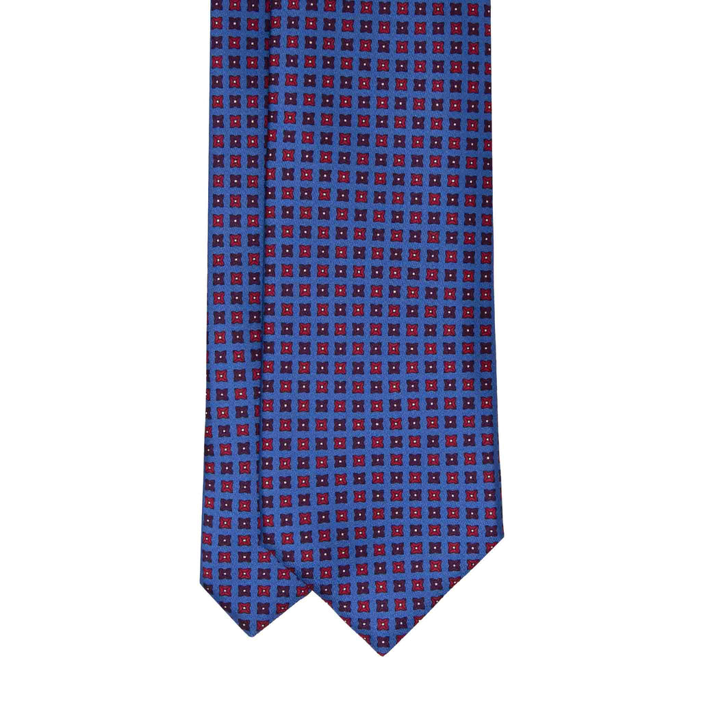 dust blue with red square dots patterned silk tie - sera fine silk