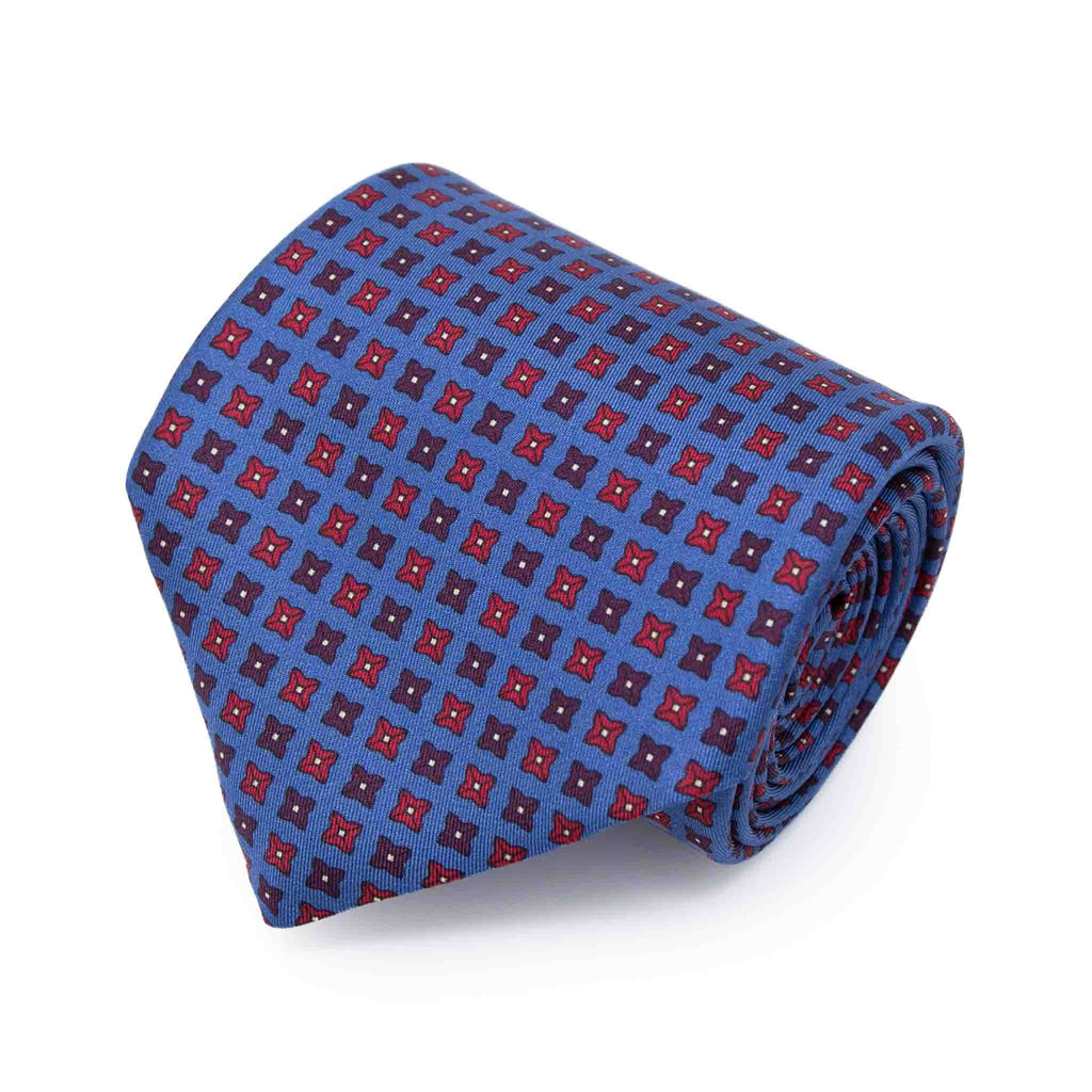 dust blue with red square dots patterned silk tie - sera fine silk