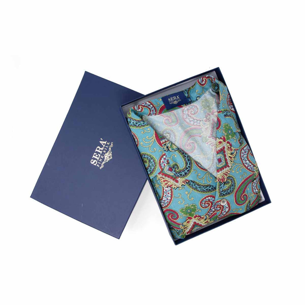 aqua and red medallion short cotton pajama - serà fine silk