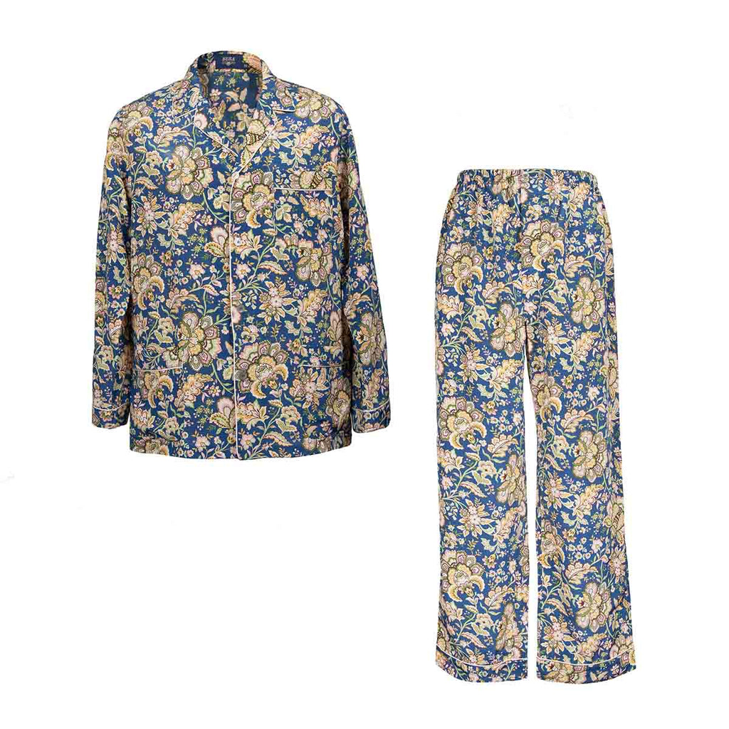 blue and yellow floral silk pajama - sera fine silk