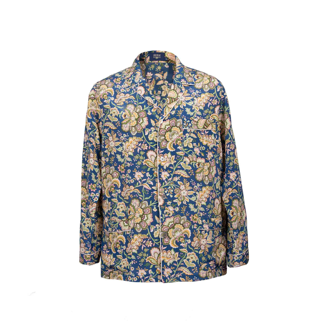 blue and yellow floral silk pajama top - sera fine silk