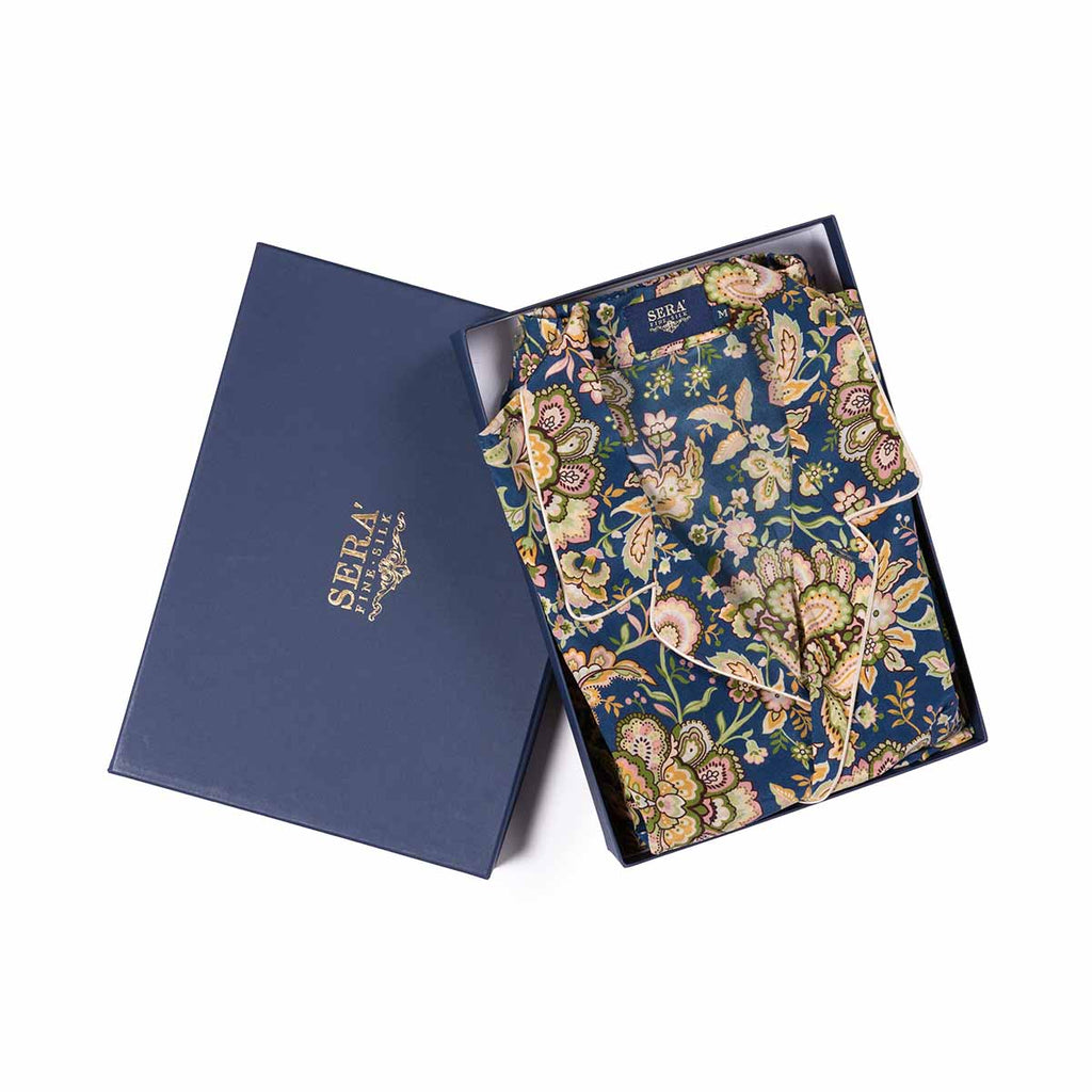 blue and yellow floral silk pajama - sera fine silk