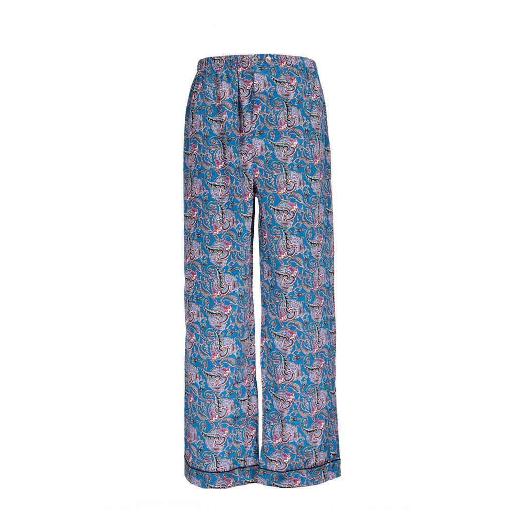 sera fine silk - sapphire blue white paisley silk pajama bottom