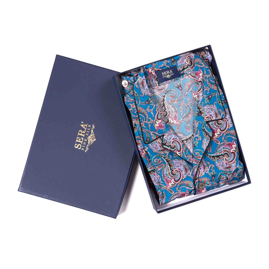 sera fine silk - sapphire blue white paisley silk pajama