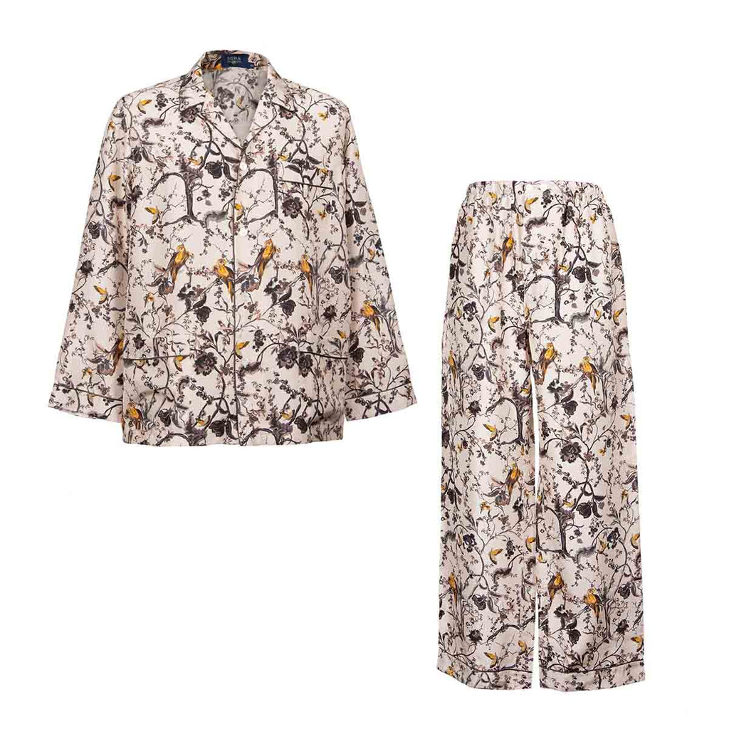 foliage with yellow birds silk pajama - serà fine silk