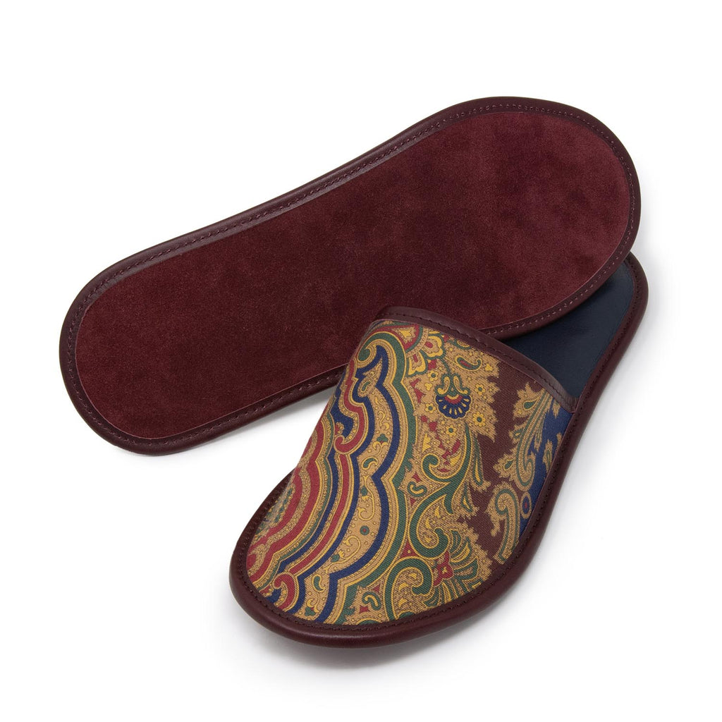 sera fine silk - burgundy paisley silk leather slippers