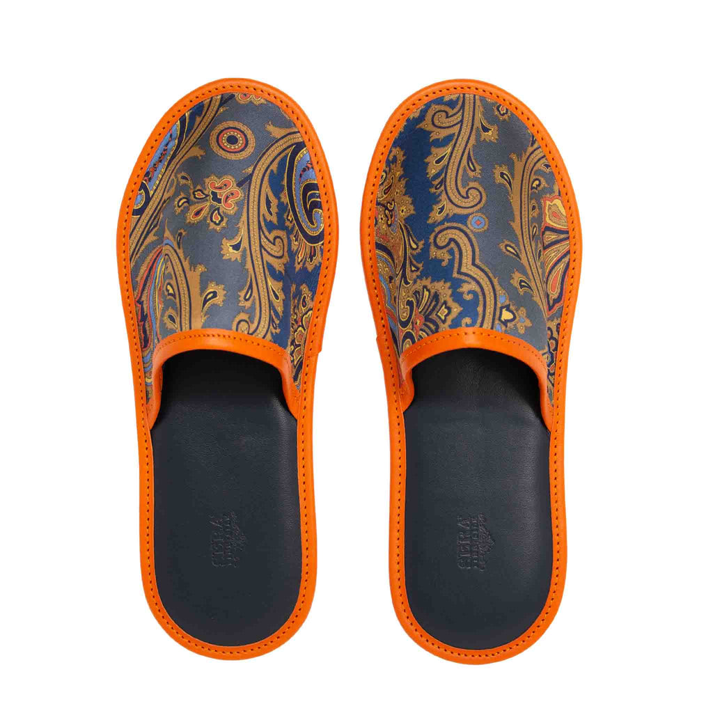 sera fine silk - royal blue and orange silk leather slippers