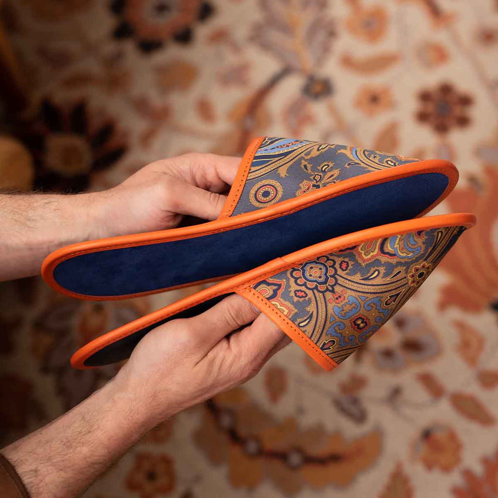 sera fine silk - royal blue and orange silk leather slippers