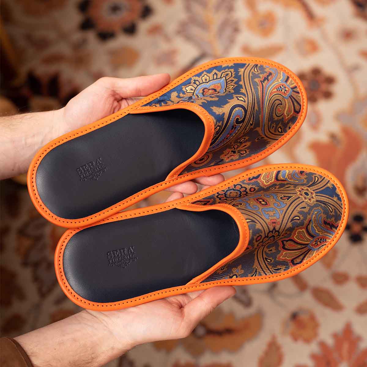 Royal Blue and Orange Silk Leather Slippers | Serà Fine Silk