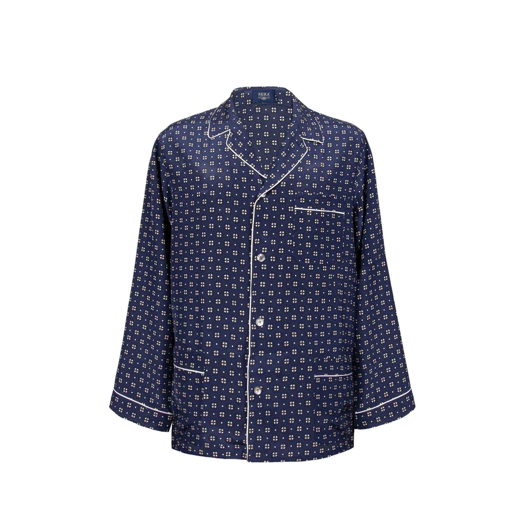 sera fine silk - blue and white geometric pattern silk pajama top
