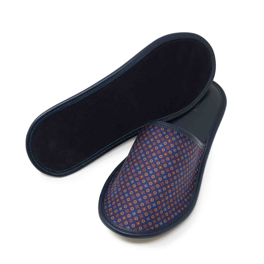 sera fine silk - blue with small square dots silk leather slippers