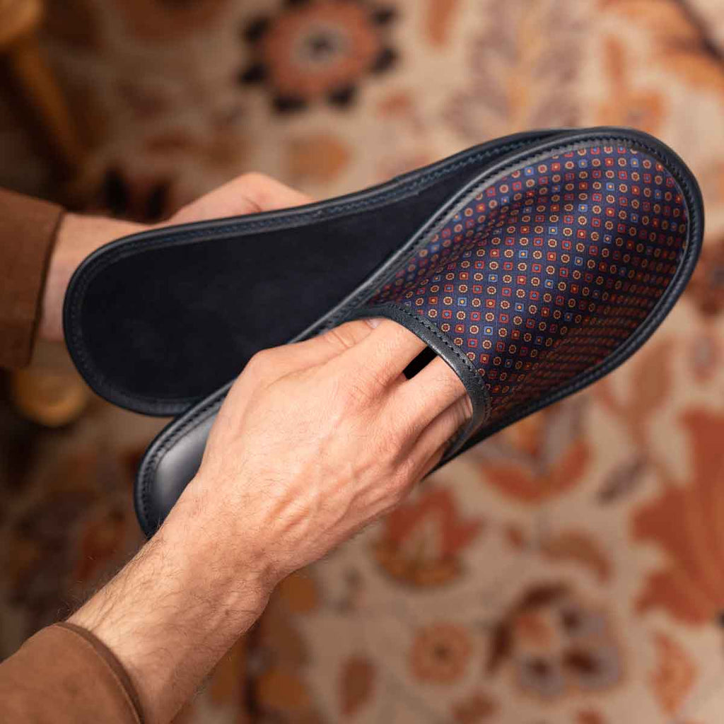 sera fine silk - blue with small square dots silk leather slippers