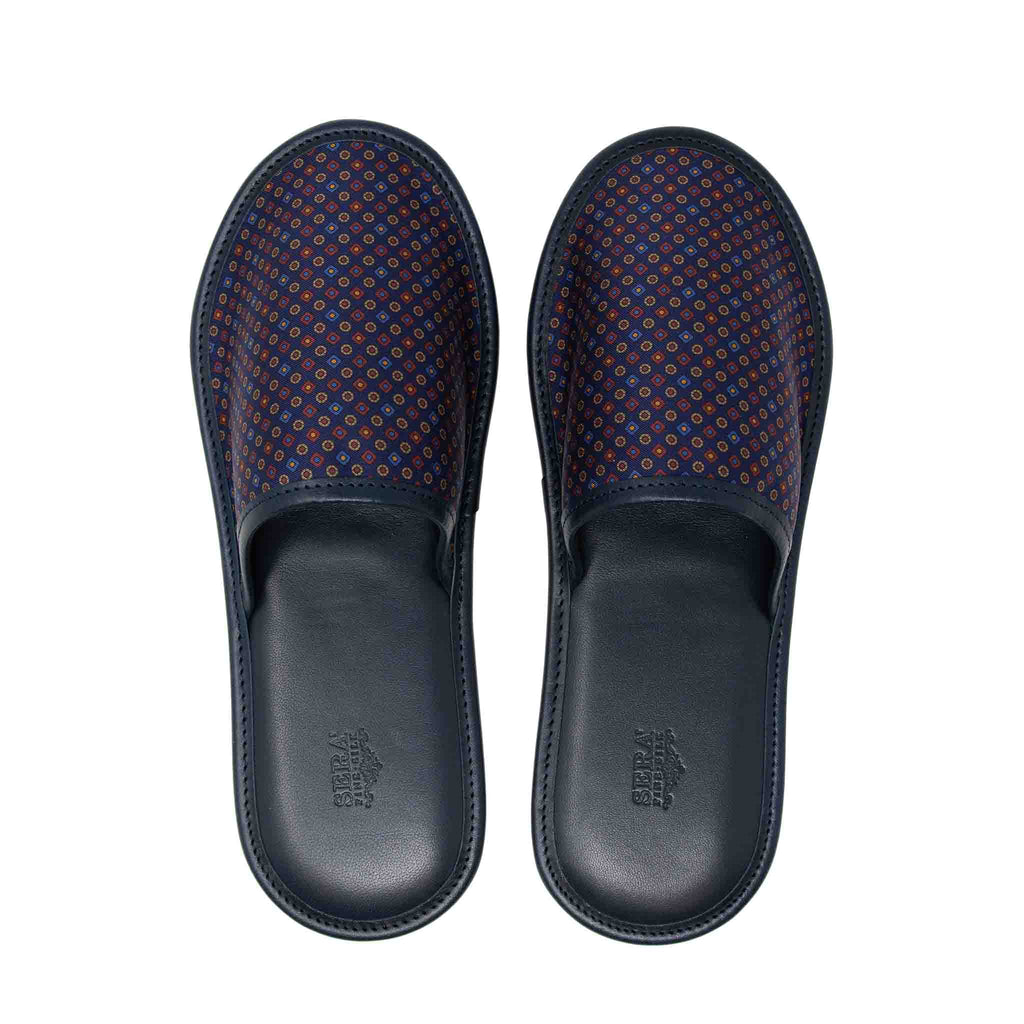 sera fine silk - blue with small square dots silk leather slippers