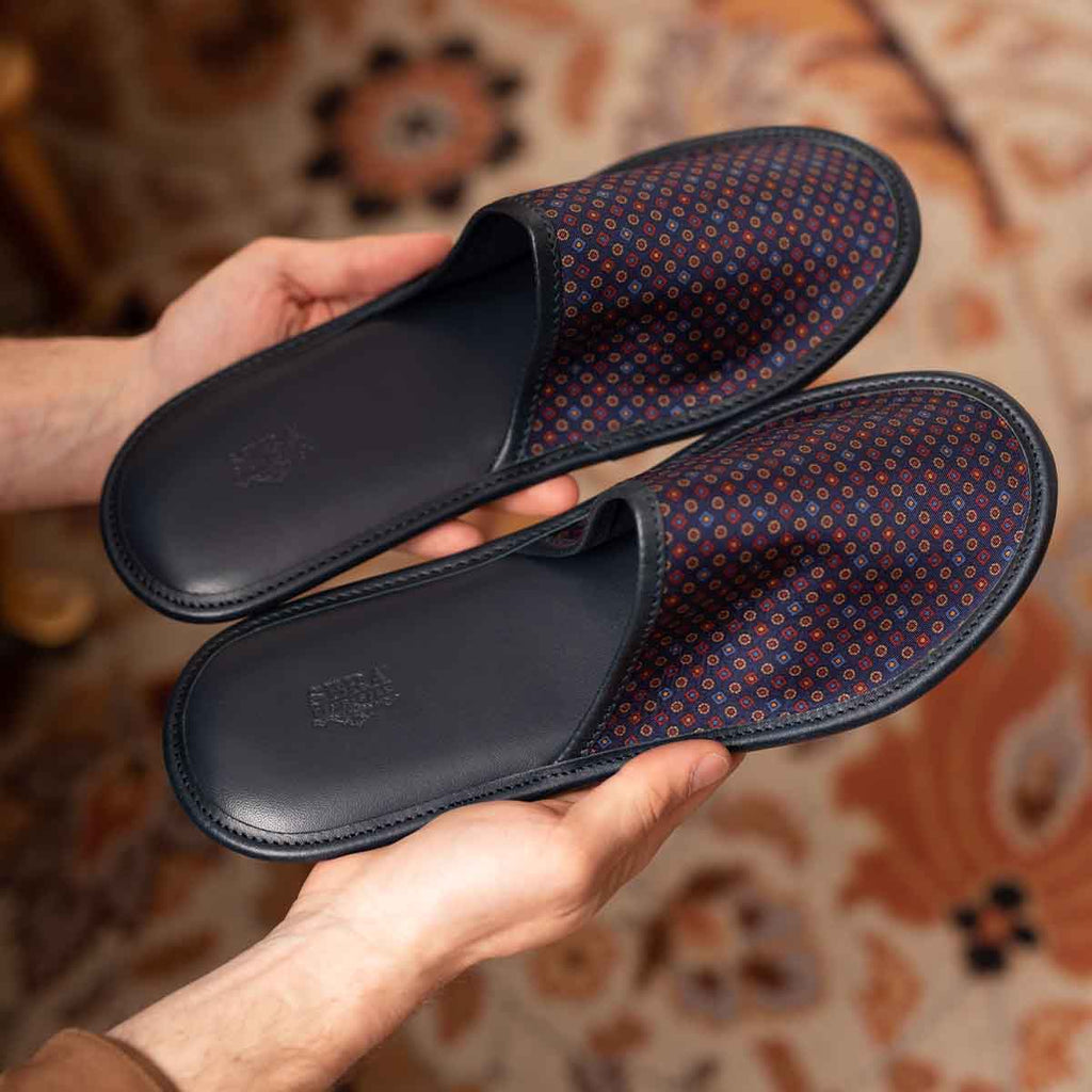 sera fine silk - blue with small square dots silk leather slippers