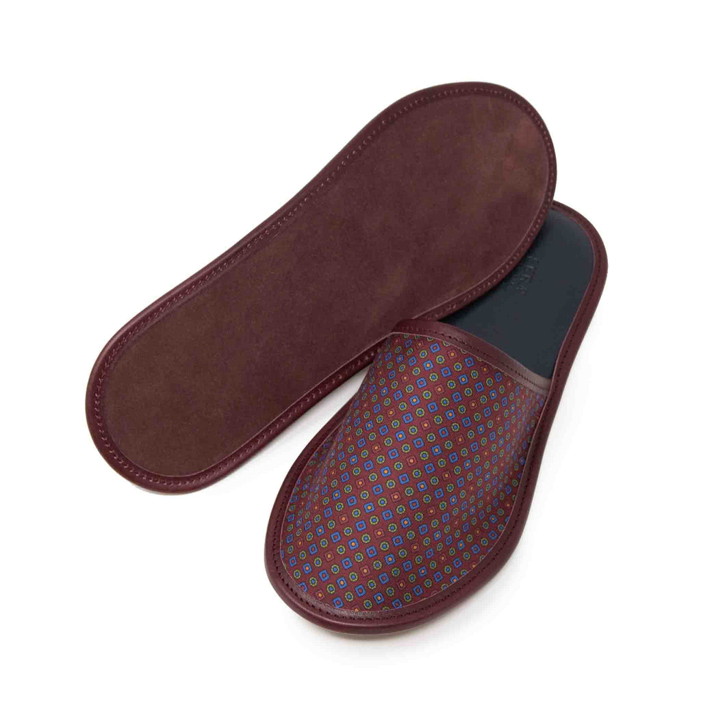 burgundy with small square dots silk leather slippers - serà fine silk