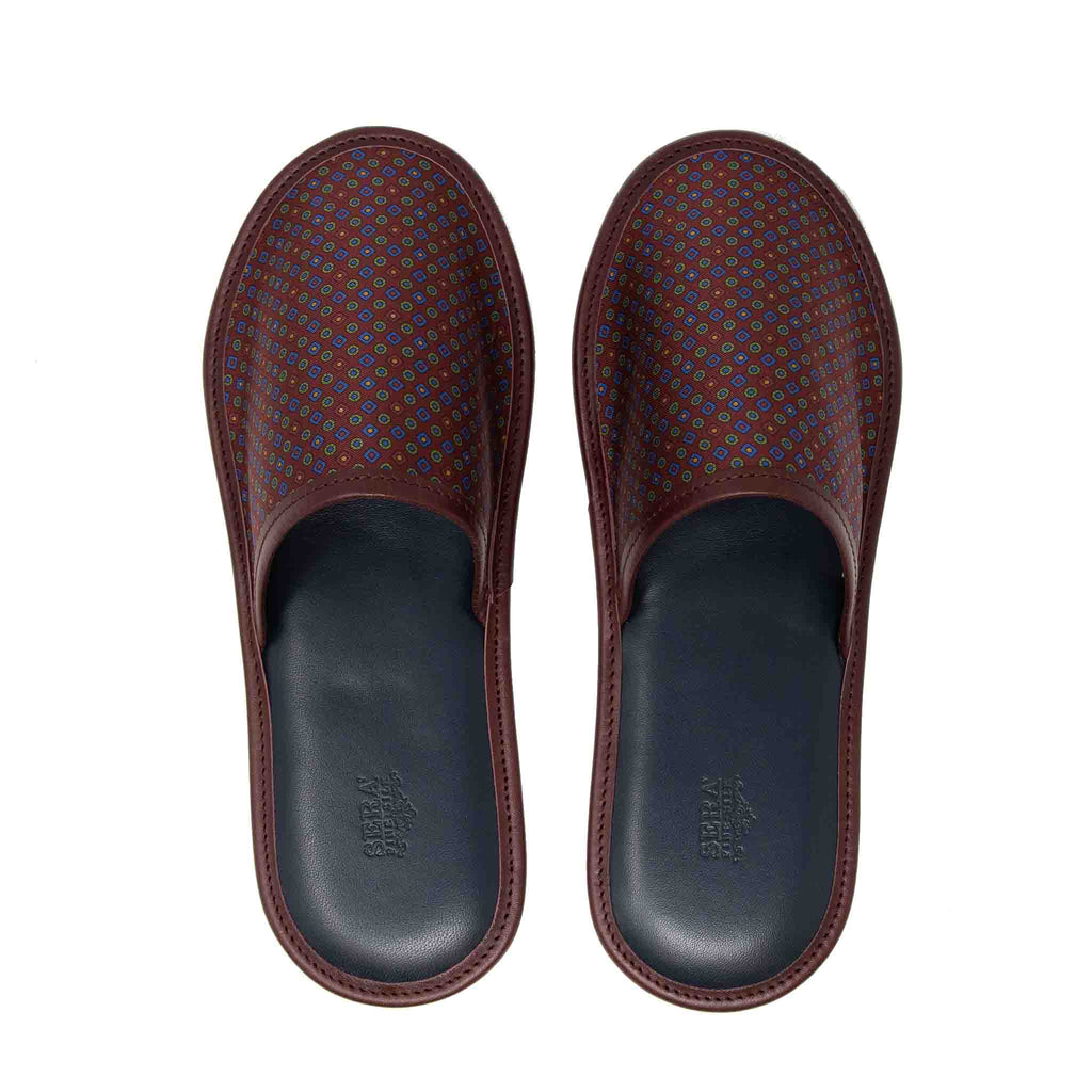burgundy with small square dots silk leather slippers - serà fine silk