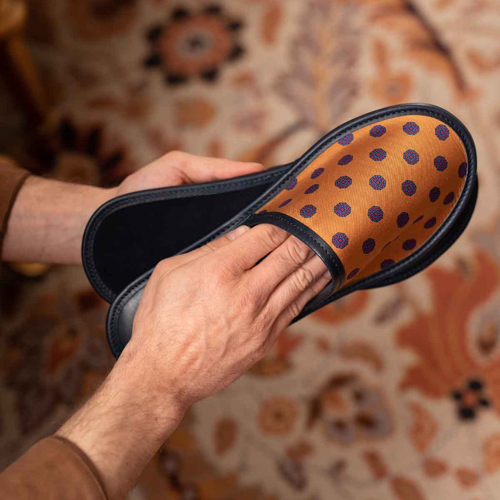 gold blue medallions silk leather slippers - serà fine silk