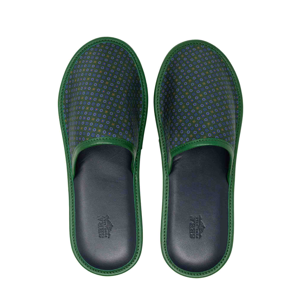 sera fine silk - green with small square dots silk leather slippers