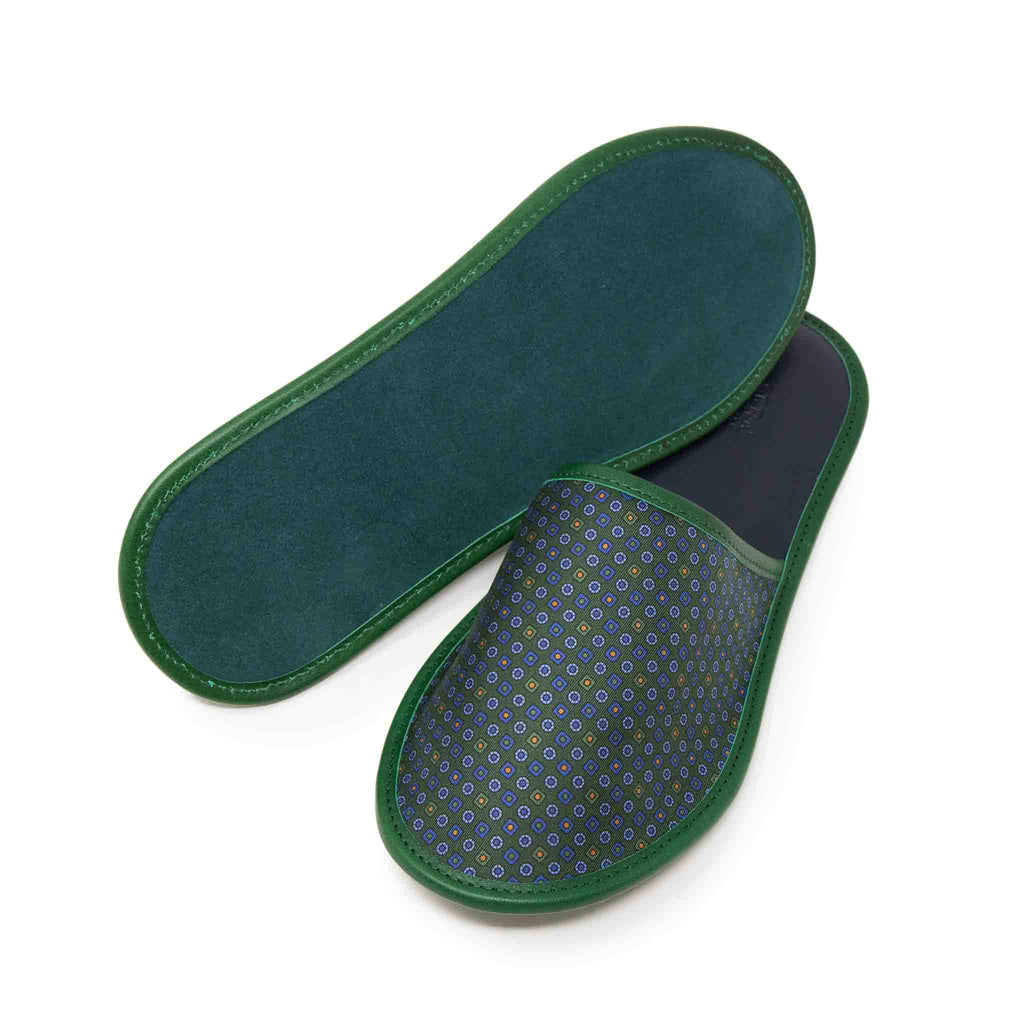 sera fine silk - green with small square dots silk leather slippers