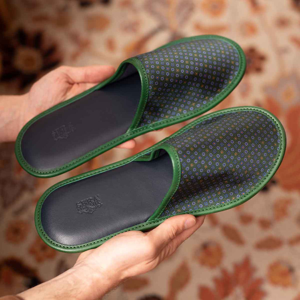 sera fine silk - green with small square dots silk leather slippers