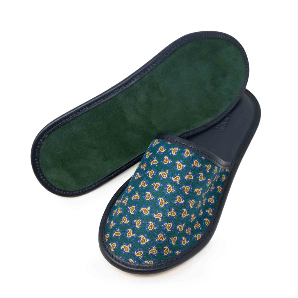 Green Paisley Silk & Leather Slippers Serà Fine Silk