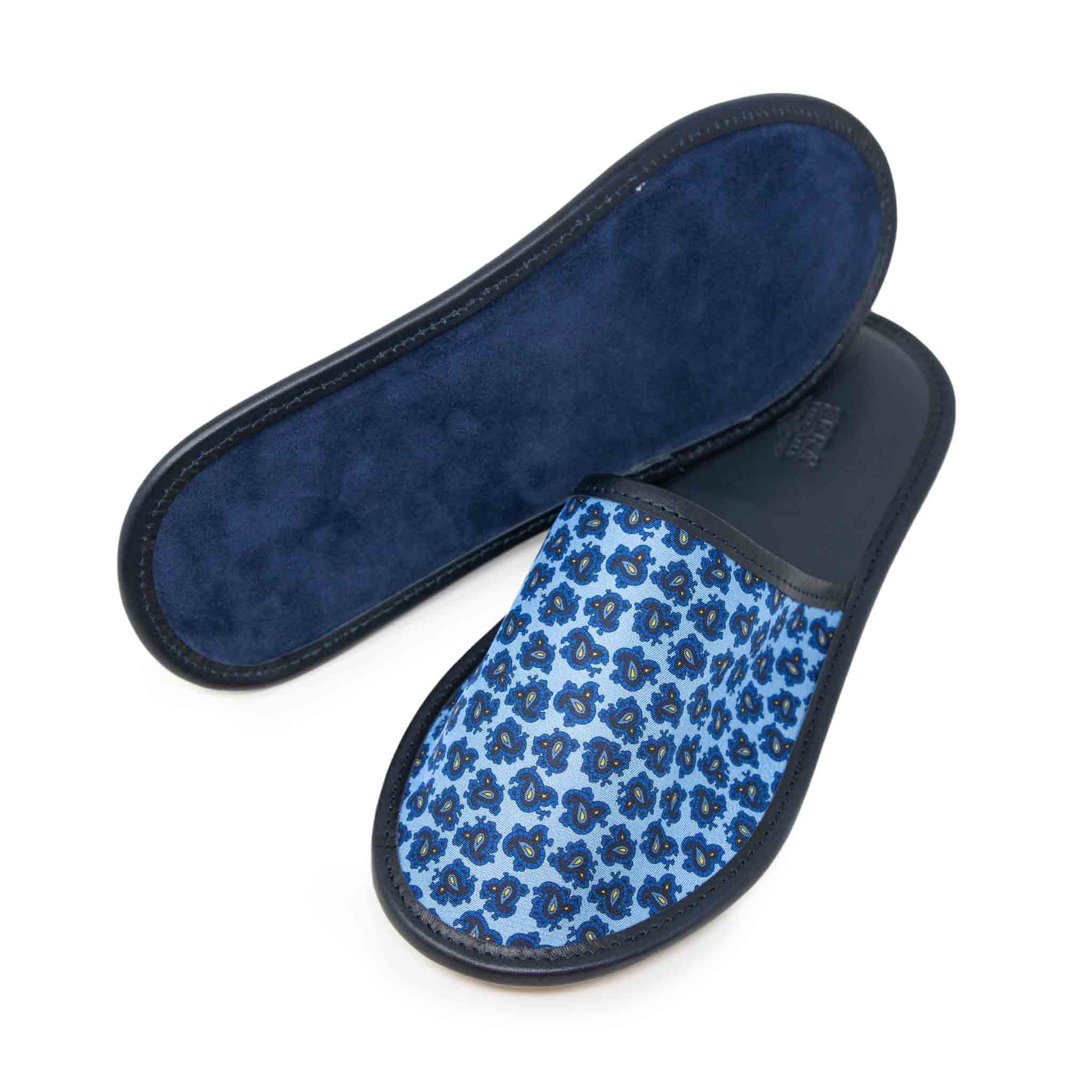 Light Blue & Leather Slippers Small Paisley